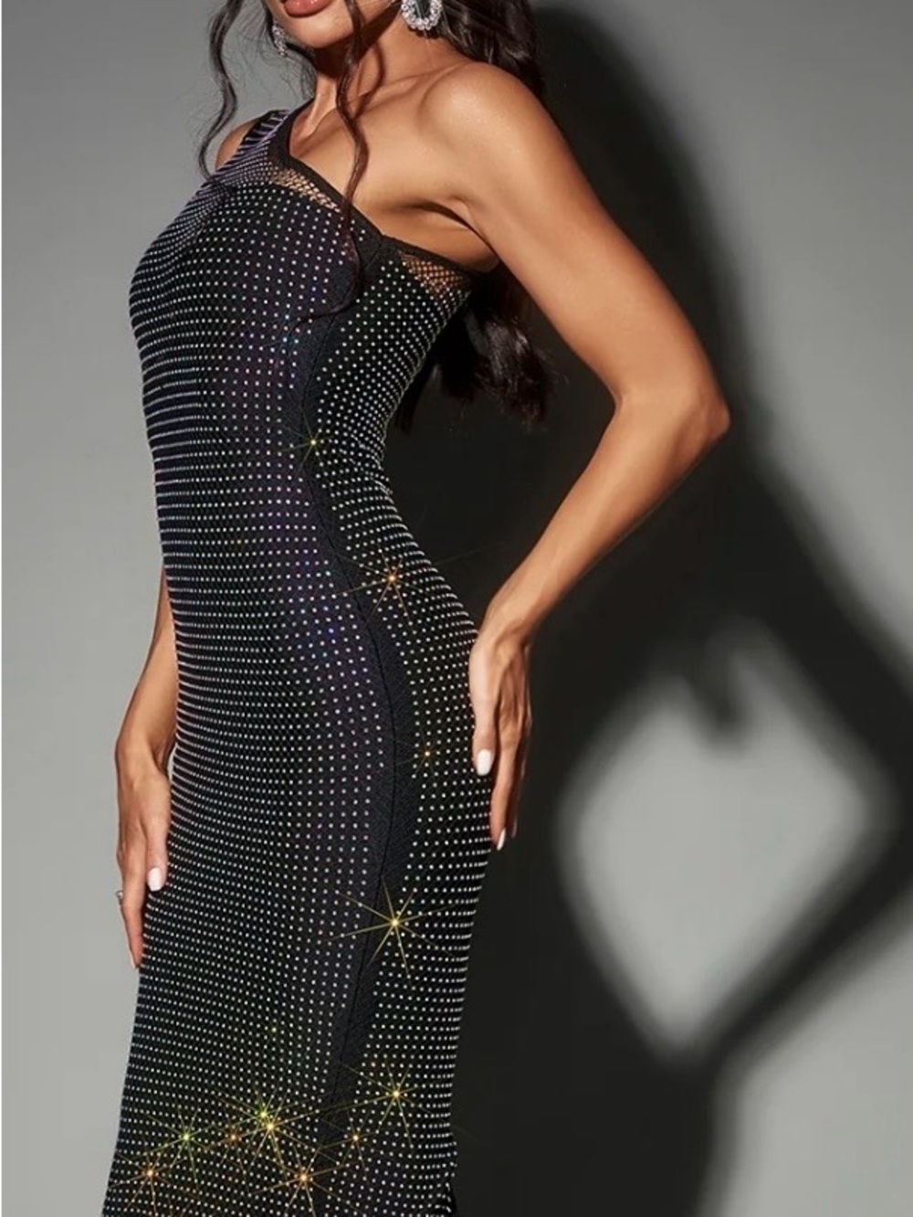 One-Shoulder Black Rhinestone Bodycon Dress - Picture 3 of 7